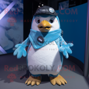 Cyan Penguin mascot costume character dressed with a Dungarees and Bracelets