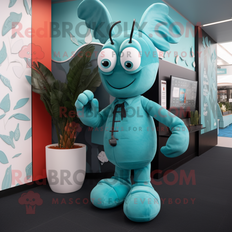 Teal Lobster mascot costume character dressed with a Culottes and Cufflinks Teal Lobster mascot costume character dressed with a Culottes and Cufflinks