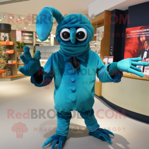 Teal Lobster mascot costume character dressed with a Culottes and Cufflinks