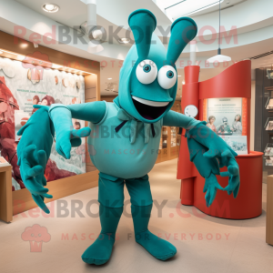 Teal Lobster mascot costume character dressed with a Culottes and Cufflinks