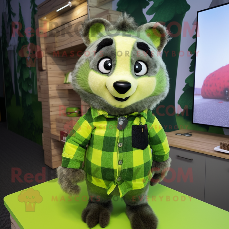 Lime Green Civet mascot costume character dressed with a Flannel Shirt and Watches