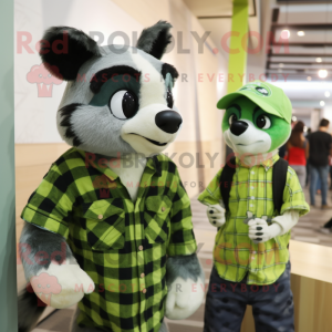 Lime Green Civet mascot costume character dressed with a Flannel Shirt and Watches