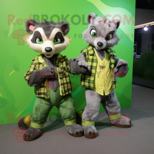 Lime Green Civet mascot costume character dressed with a Flannel Shirt and Watches