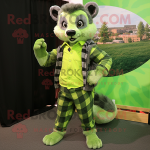 Lime Green Civet mascot costume character dressed with a Flannel Shirt and Watches