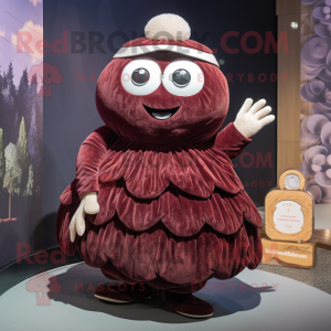 Maroon Oyster mascot costume character dressed with a Pleated Skirt and Mittens