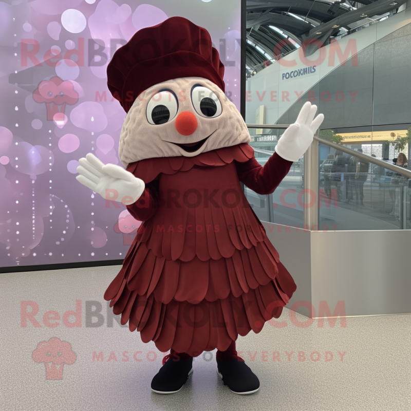 Maroon Oyster mascot costume character dressed with a Pleated Skirt and Mittens Maroon Oyster mascot costume character dressed with a Pleated Skirt and Mittens