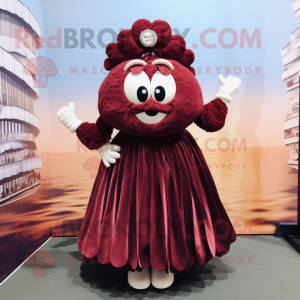 Maroon Oyster mascot costume character dressed with a Pleated Skirt and Mittens