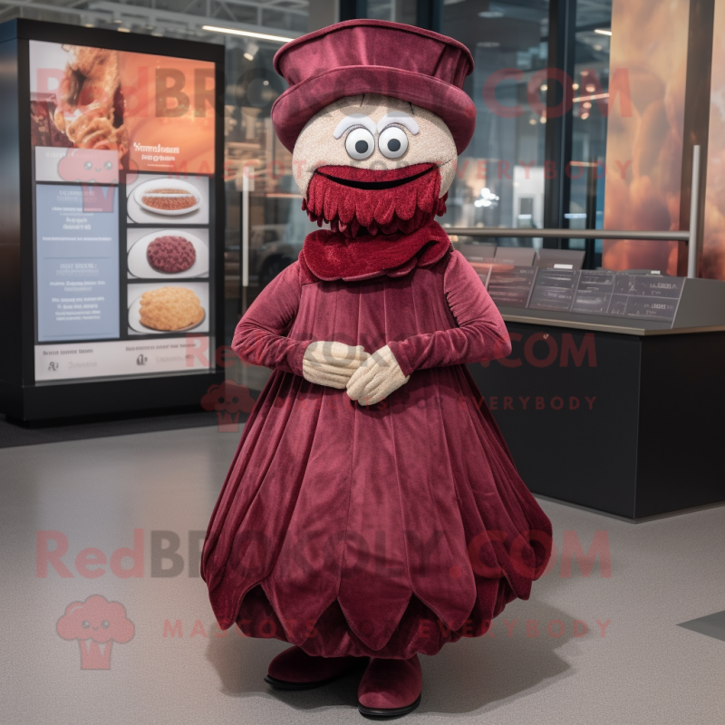 Maroon Oyster mascot costume character dressed with a Pleated Skirt and Mittens