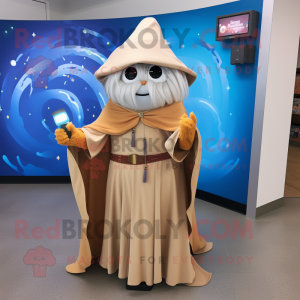 Tan Wizard mascot costume character dressed with a Wrap Dress and Keychains