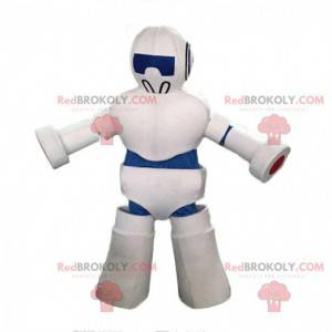 Reusachtige witte en blauwe robotmascotte, robotkostuum -