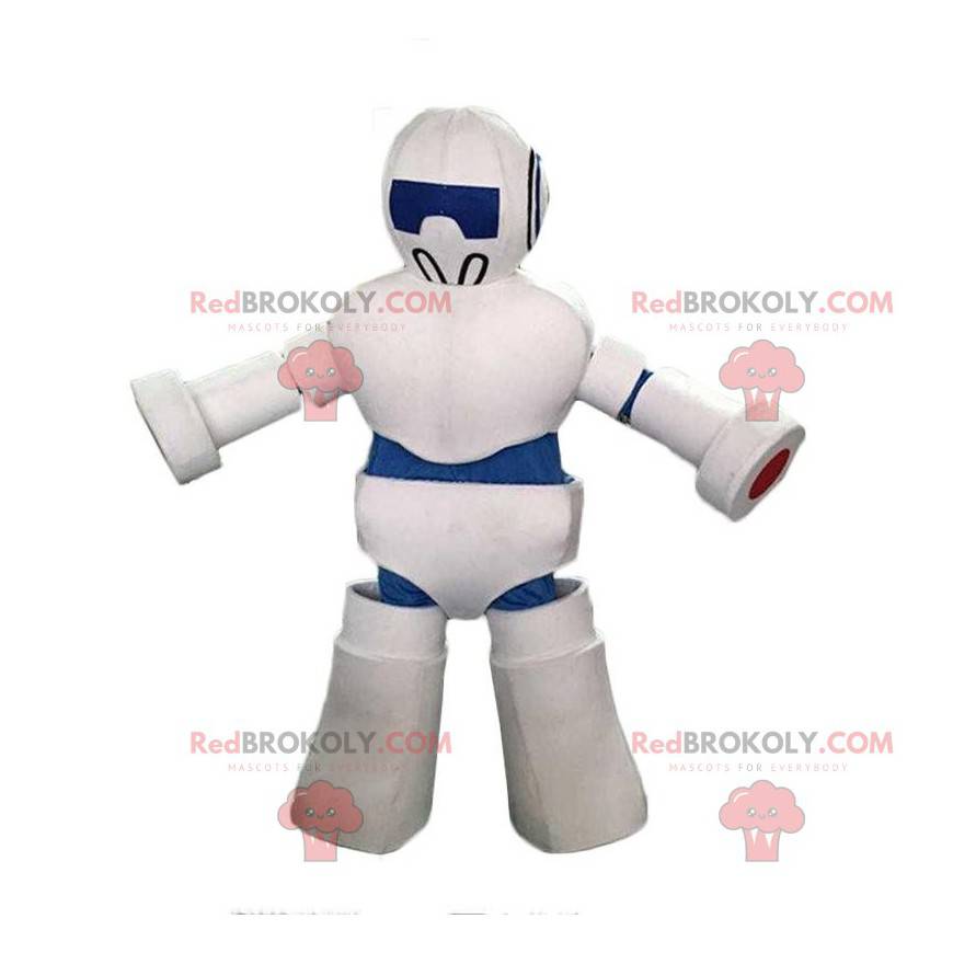 Gigantyczna biało-niebieska maskotka robota, kostium robota -