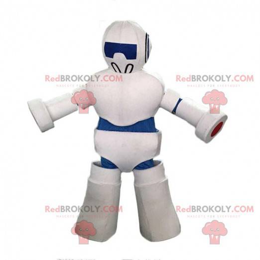 Mascote robô gigante branco e azul, traje robótico -