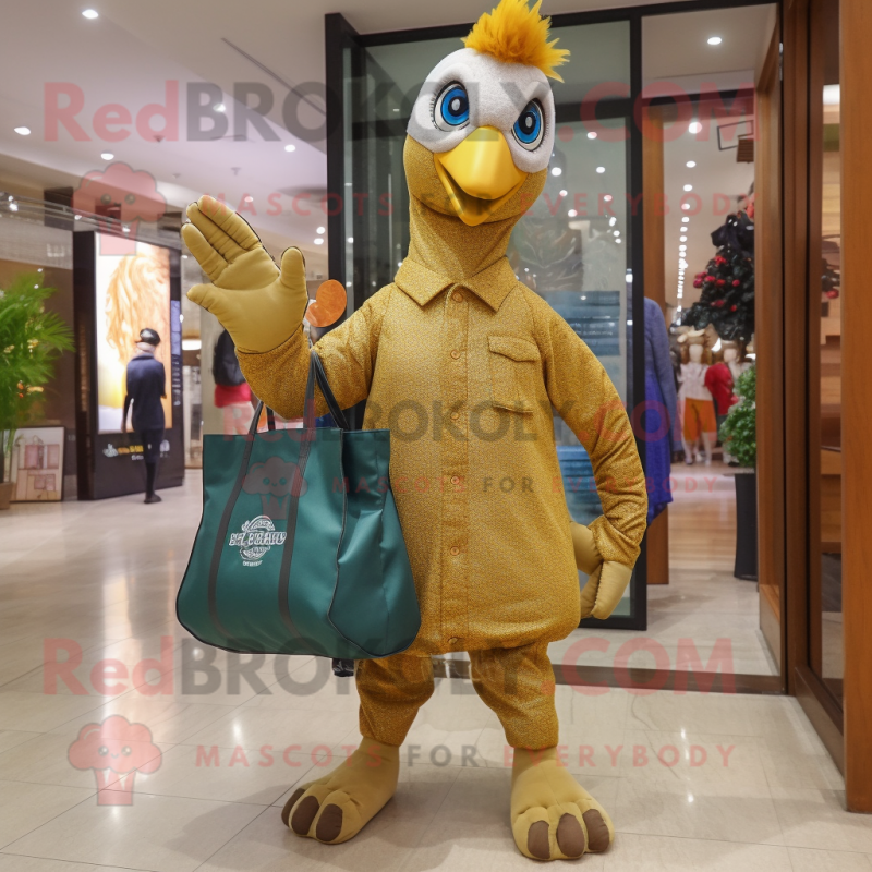 Gold Peacock mascot costume character dressed with a Jeans and Tote bags Gold Peacock mascot costume character dressed with a Jeans and Tote bags