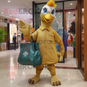 Gold Peacock mascot costume character dressed with a Jeans and Tote bags