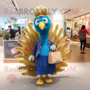 Gold Peacock mascot costume character dressed with a Jeans and Tote bags