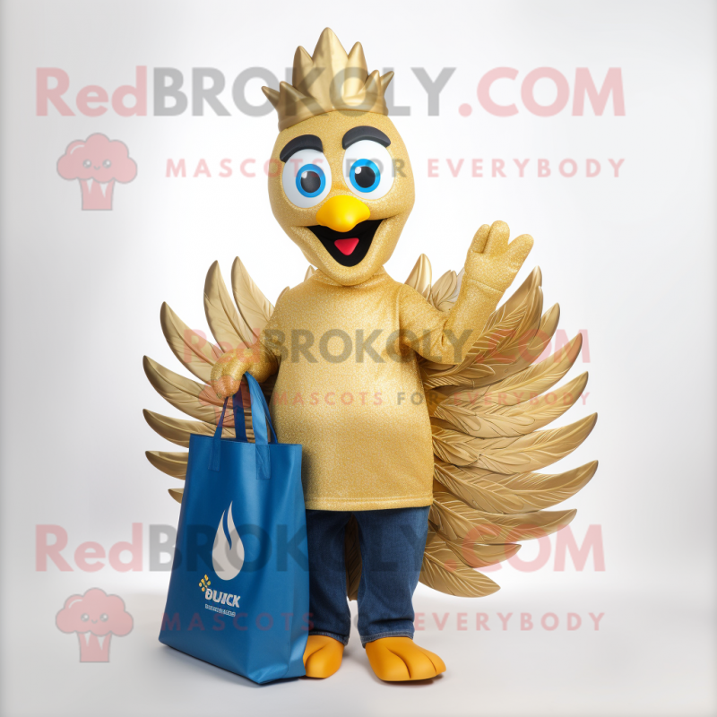 Gold Peacock mascot costume character dressed with a Jeans and Tote bags