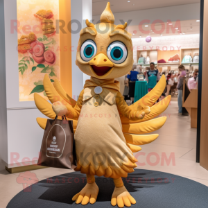 Gold Peacock mascot costume character dressed with a Jeans and Tote bags