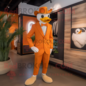 Orange Swan mascot costume character dressed with a Suit and Hat pins