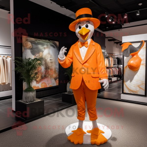 Orange Swan mascot costume character dressed with a Suit and Hat pins