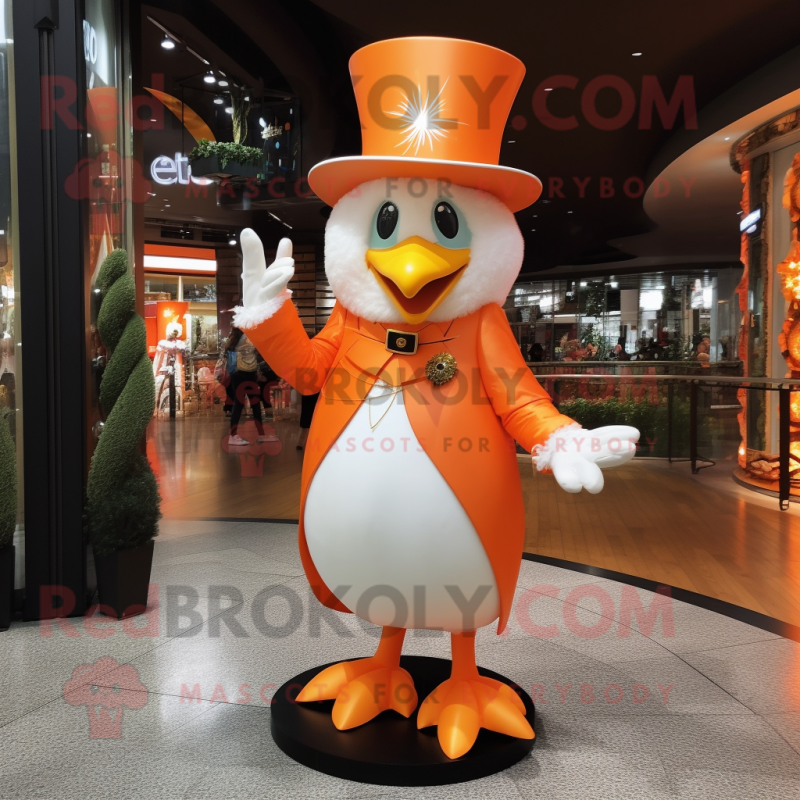 Orange Swan mascot costume character dressed with a Suit and Hat pins