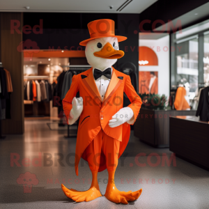 Orange Swan mascot costume character dressed with a Suit and Hat pins