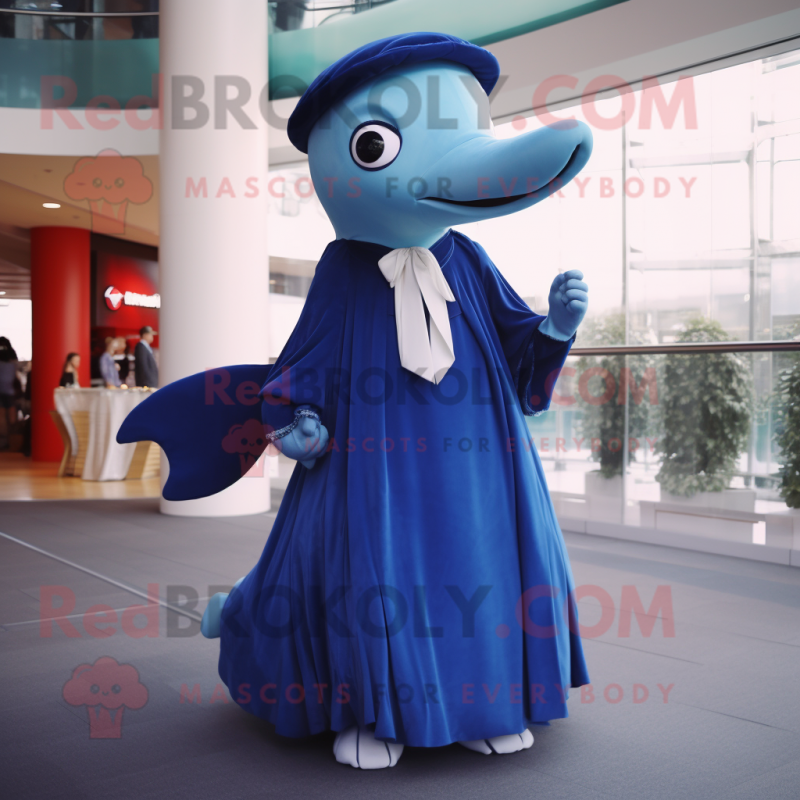 Blue Humpback Whale mascot costume character dressed with a Empire Waist Dress and Gloves