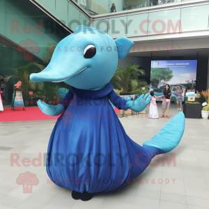 Blue Humpback Whale mascot costume character dressed with a Empire Waist Dress and Gloves