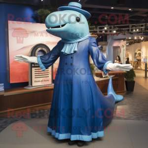 Blue Humpback Whale mascot costume character dressed with a Empire Waist Dress and Gloves