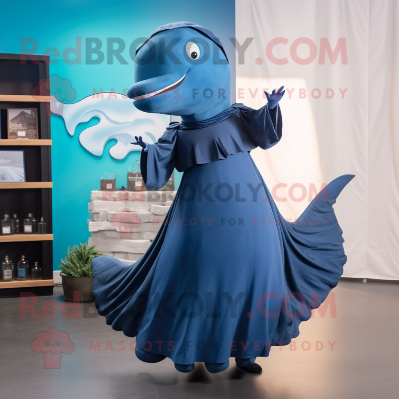 Blue Humpback Whale mascot costume character dressed with a Empire Waist Dress and Gloves Blue Humpback Whale mascot costume character dressed with a Empire Waist Dress and Gloves