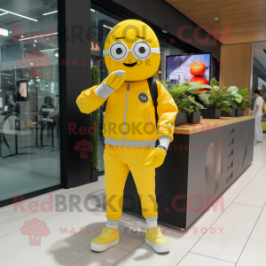 Lemon Yellow Mandarin mascot costume character dressed with a Jeggings and Smartwatches
