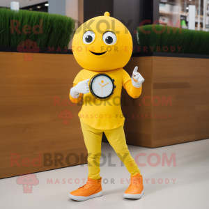Lemon Yellow Mandarin mascot costume character dressed with a Jeggings and Smartwatches