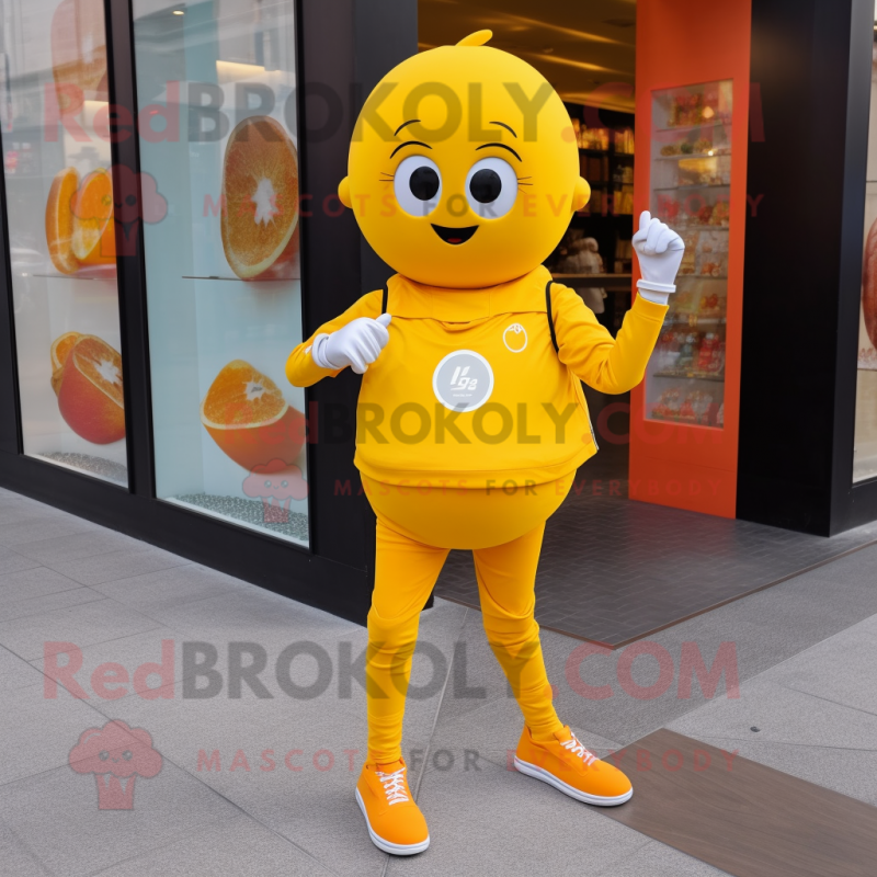 Lemon Yellow Mandarin mascot costume character dressed with a Jeggings and Smartwatches