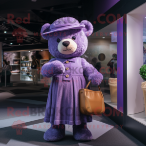 Lavender Teddy Bear mascot costume character dressed with a Midi Dress and Berets
