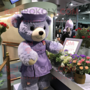Lavender Teddy Bear mascot costume character dressed with a Midi Dress and Berets