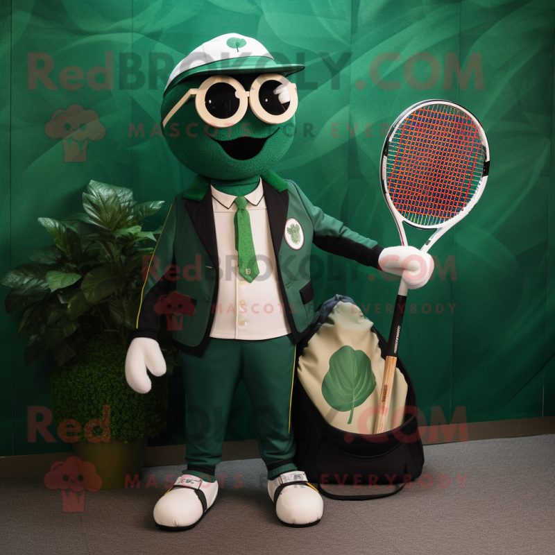 Forest Green Tennis Racket mascot costume character dressed with a Suit Jacket and Wallets Forest Green Tennis Racket mascot costume character dressed with a Suit Jacket and Wallets