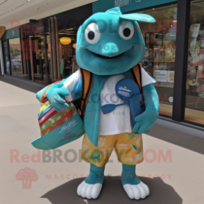 Teal Cod mascot costume character dressed with a Board Shorts and Tote bags