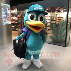 Teal Cod mascot costume character dressed with a Board Shorts and Tote bags
