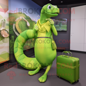 Lime Green Titanoboa mascot costume character dressed with a Wrap Dress and Briefcases