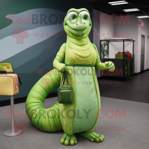 Lime Green Titanoboa mascot costume character dressed with a Wrap Dress and Briefcases