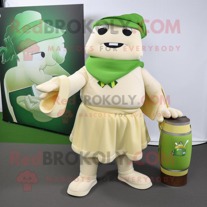 Cream Green Beer mascot costume character dressed with a Wrap Skirt and Briefcases Cream Green Beer mascot costume character dressed with a Wrap Skirt and Briefcases