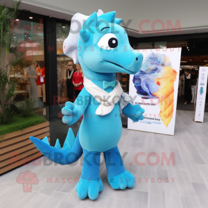 Sky Blue Sea Horse mascot costume character dressed with a Cardigan and Belts
