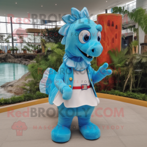 Sky Blue Sea Horse mascot costume character dressed with a Cardigan and Belts