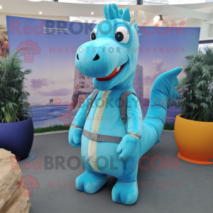 Sky Blue Sea Horse mascot costume character dressed with a Cardigan and Belts