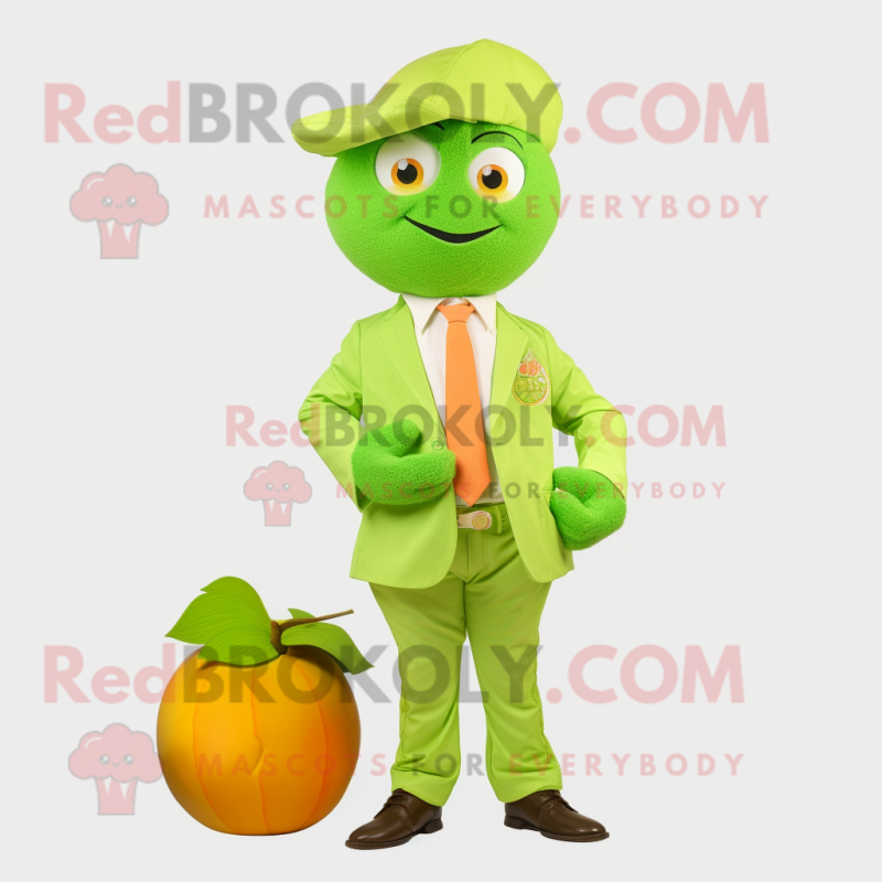 Lime Green Apricot mascot costume character dressed with a Poplin Shirt and Lapel pins