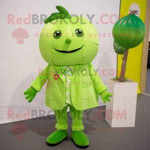 Lime Green Apricot mascot costume character dressed with a Poplin Shirt and Lapel pins