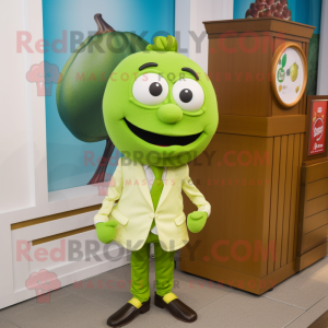 Lime Green Apricot mascot costume character dressed with a Poplin Shirt and Lapel pins