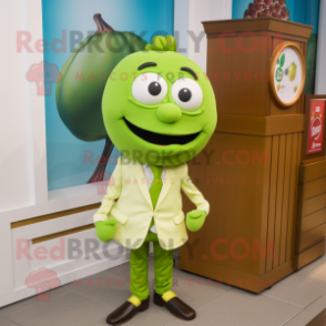 Lime Green Apricot mascot costume character dressed with a Poplin Shirt and Lapel pins