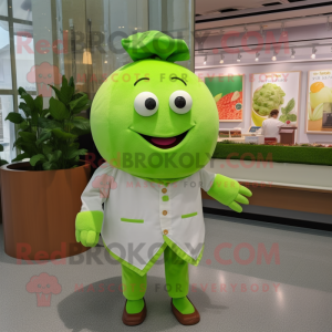 Lime Green Apricot mascot costume character dressed with a Poplin Shirt and Lapel pins