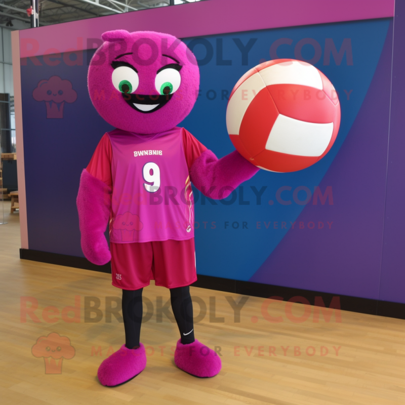 Magenta Volleyball Ball mascot costume character dressed with a T-Shirt and Cufflinks