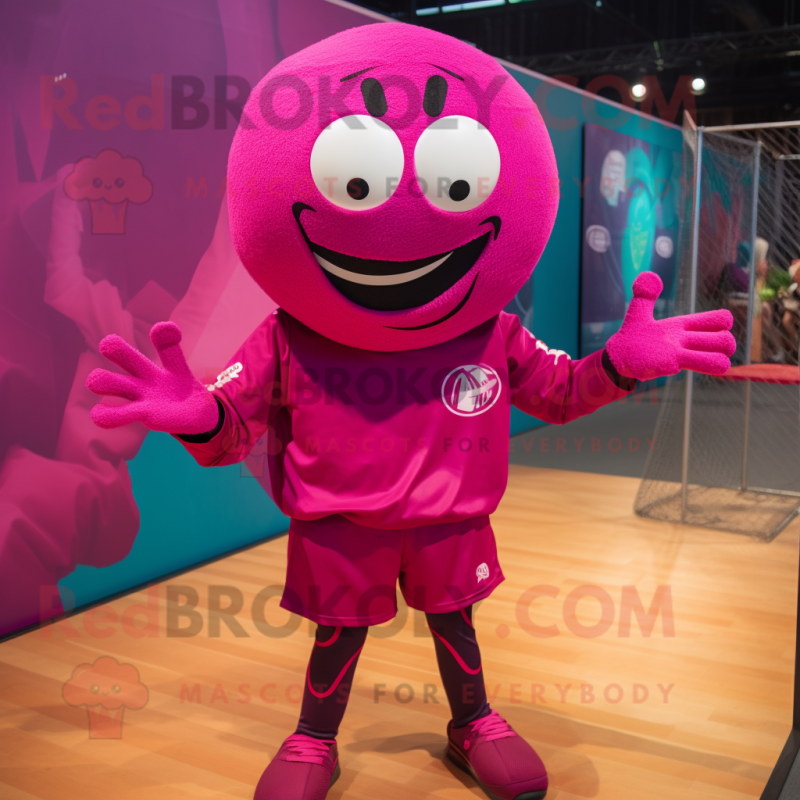 Magenta Volleyball Ball mascot costume character dressed with a T-Shirt and Cufflinks